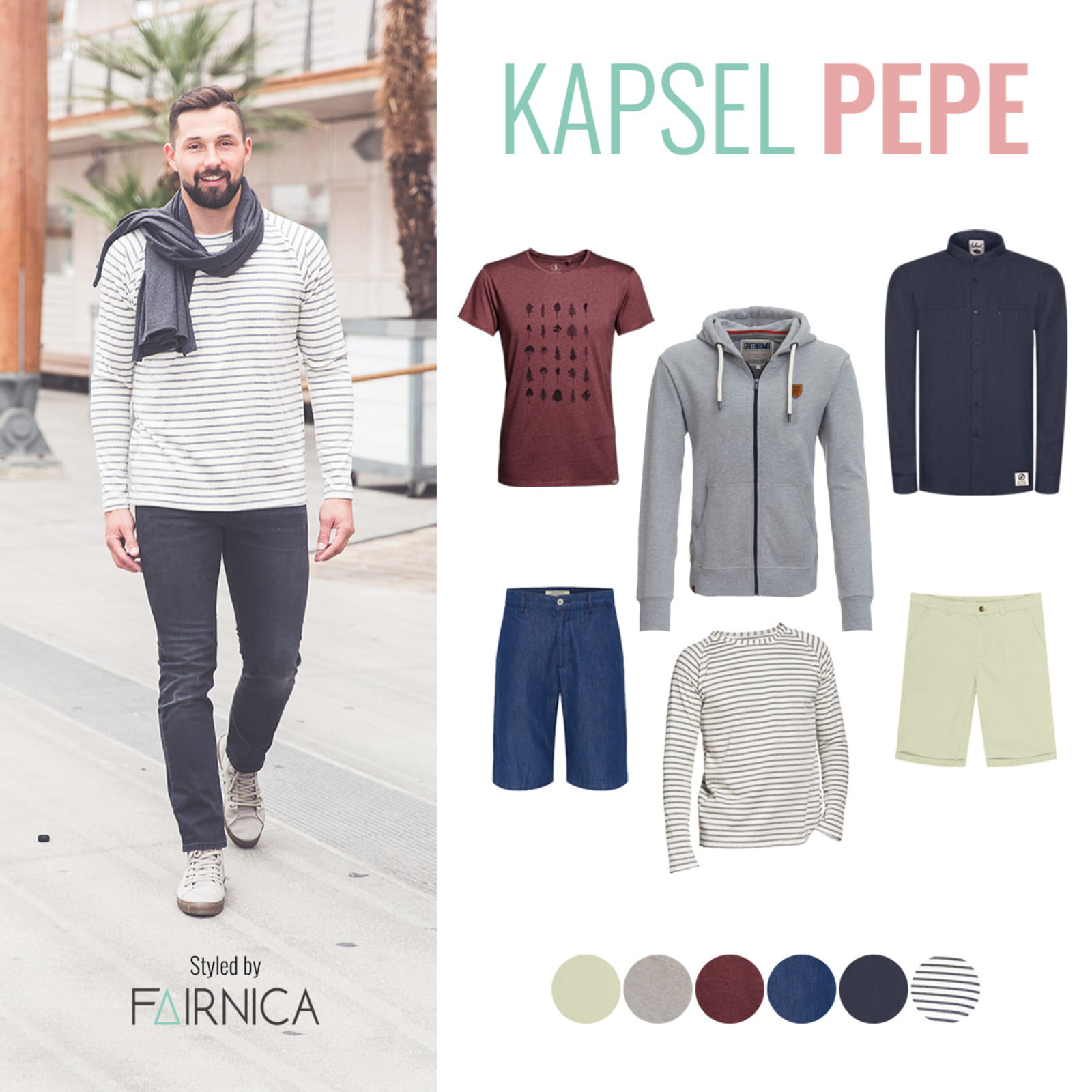 Übersicht aller Kleidungsstücke aus Kapsel Pepe rechts im Bild. Links steht ein männliches Model, das eine schwarze Jeans, den Pulli aus Kapsel Pepe und einen Schal trägt.